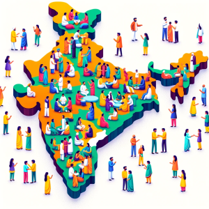 India's map with people of various genders and descent, chatting and interacting.