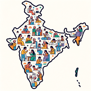 Mini illustrations of people having discussions. Indian Map